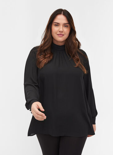 Long-sleeved high neck blouse, Black, Model image number 0