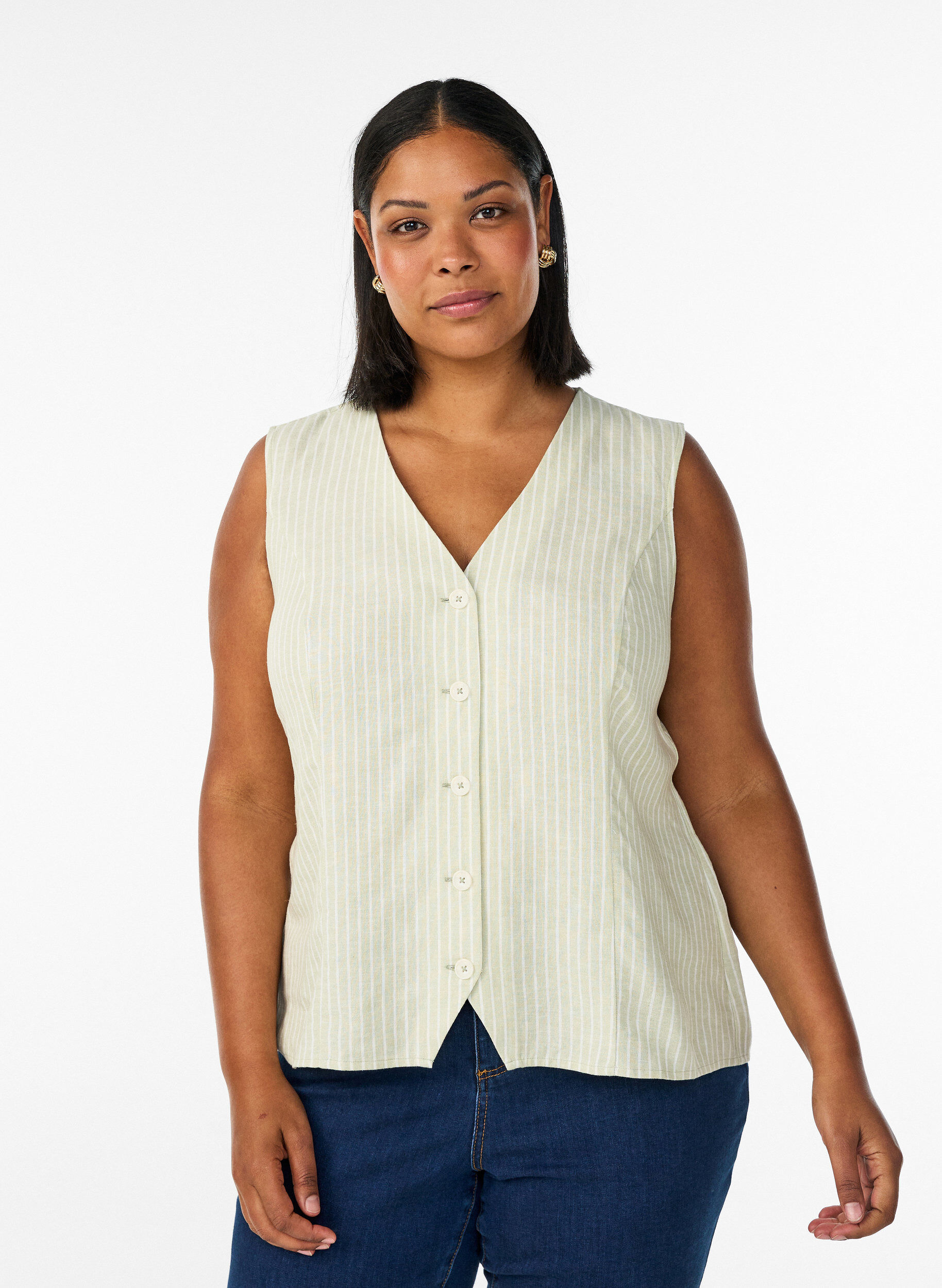 Zizzifashion Striped vest in linen and viscose, Green, Model image number 0