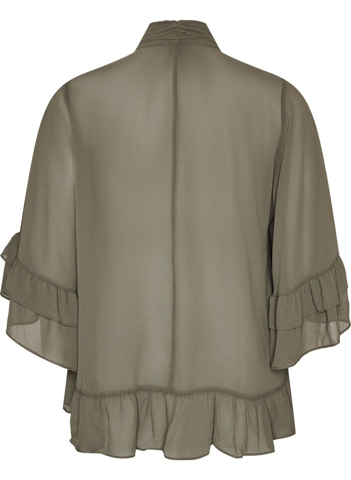 Blouse with ribbon tie and ruffle details, Dark Grey, Packshot image number 1