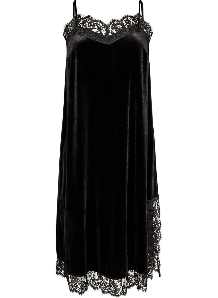 Velvet dress with lace and side slit, Black, Packshot image number 0