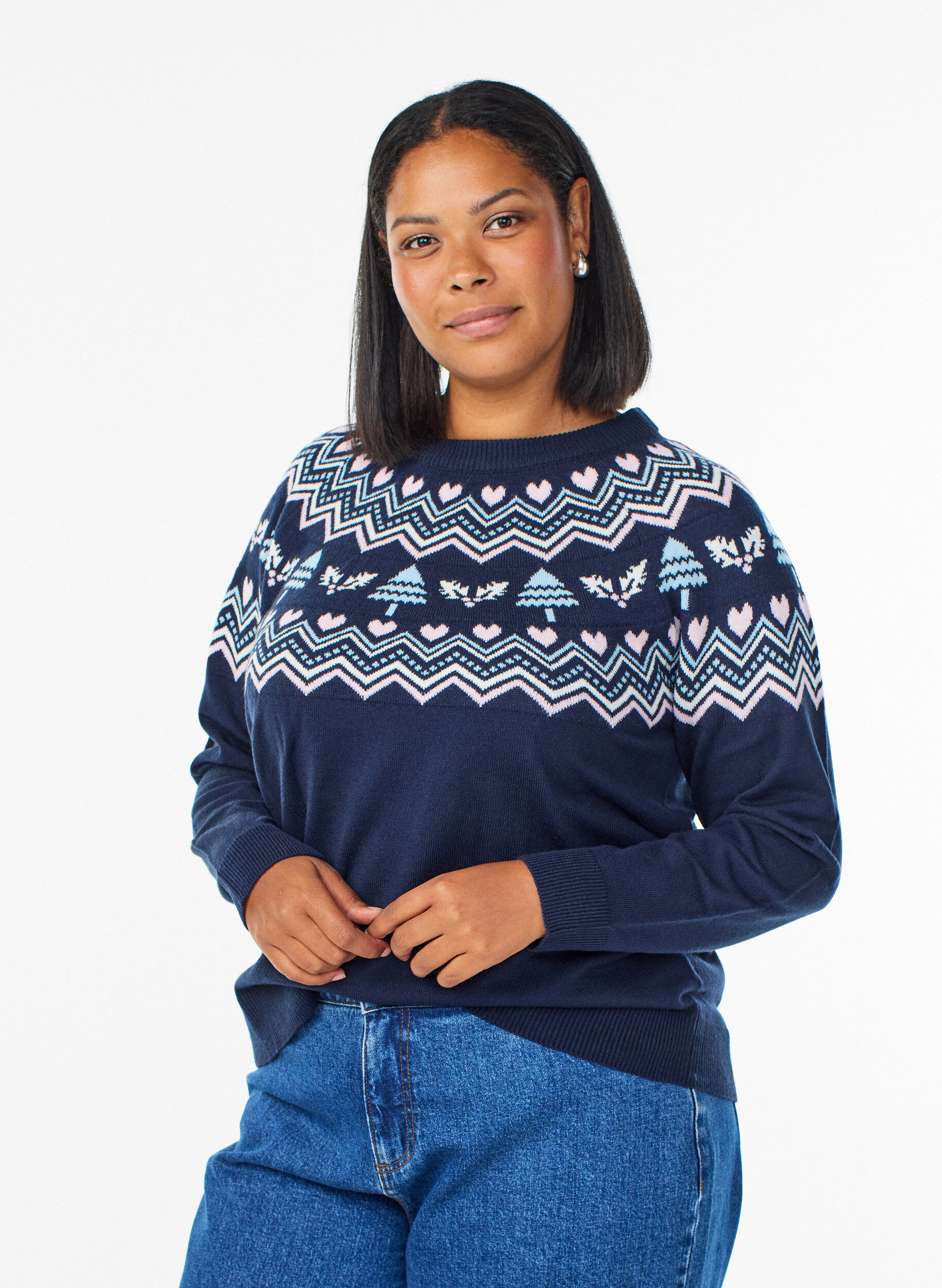 Knitted blouse with jacquard pattern and Christmas motifs, Blue, Model