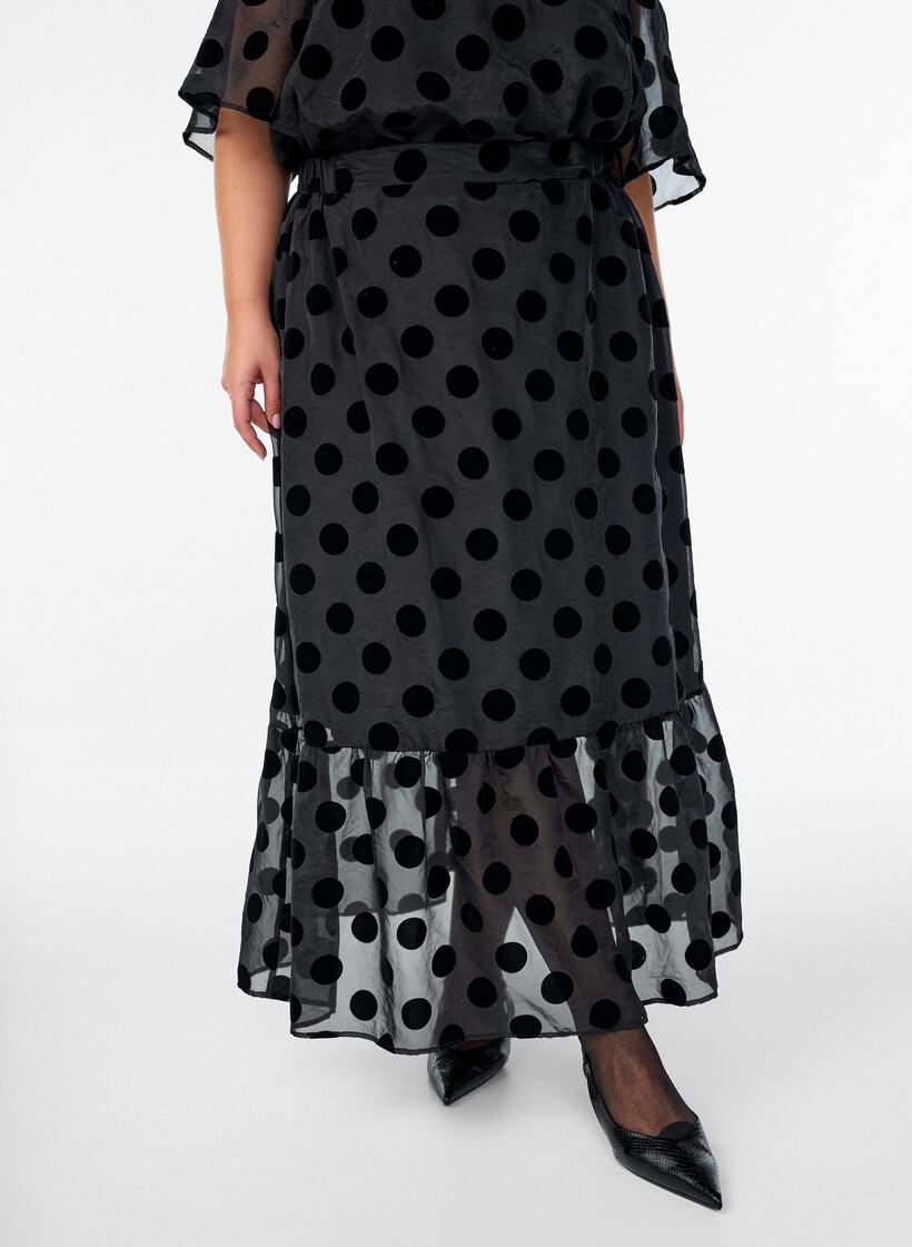 Midi skirt in organza-look with velvet dots, Black, Model image number 2