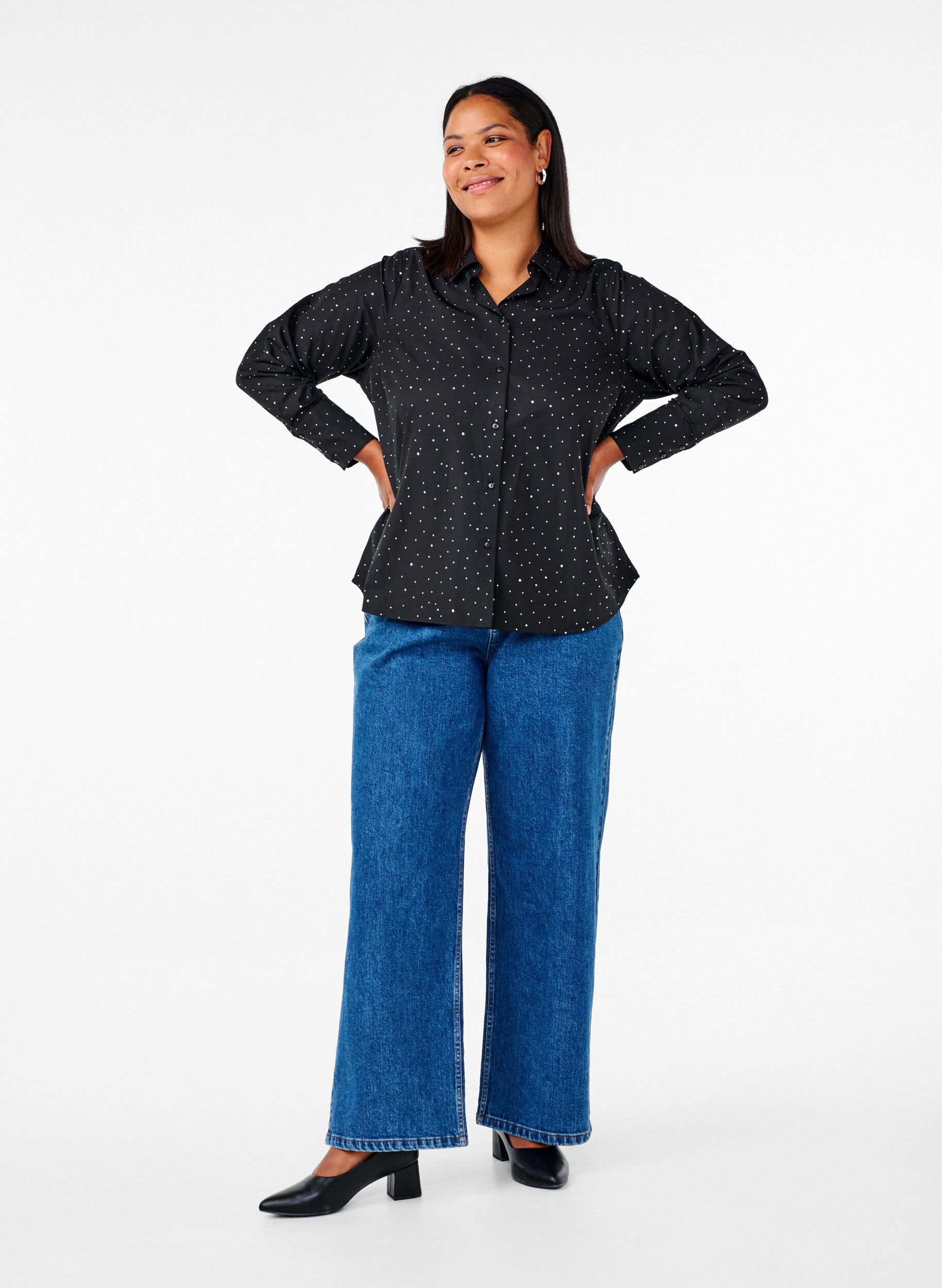 Zizzifashion Shirt with rhinestones, Black, Model image number 3