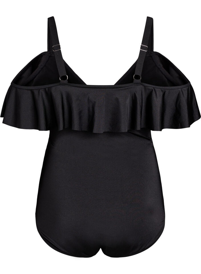 Swimsuit with underwire and ruffle trim, Black, Packshot image number 1