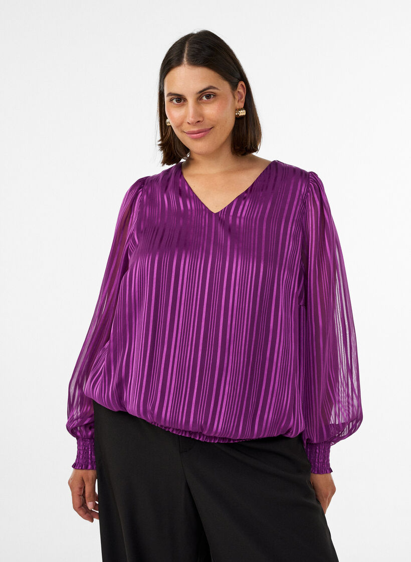 Striped blouse with a balloon shape, Purple, Model image number 0