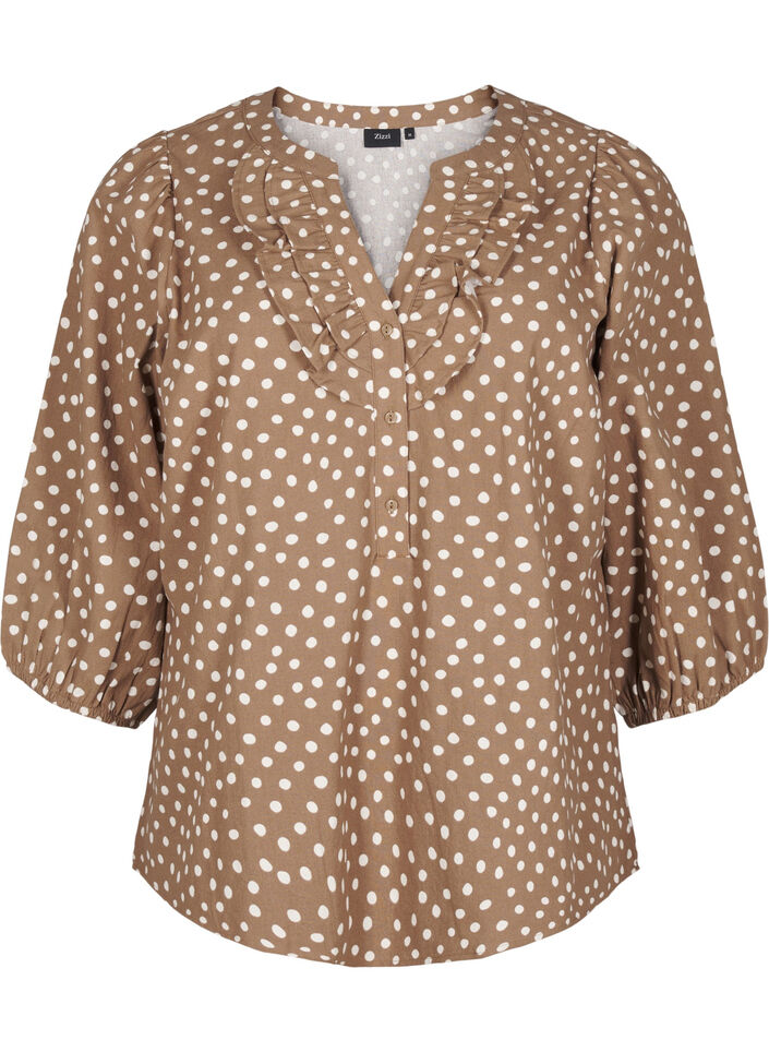 3/4 sleeve cotton blouse with polka dots, Coca Mocha Dot , Packshot image number 0