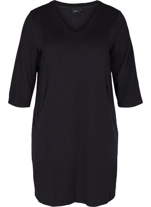 Dress with a V-neck and 3/4 length sleeves, Black, Packshot image number 0