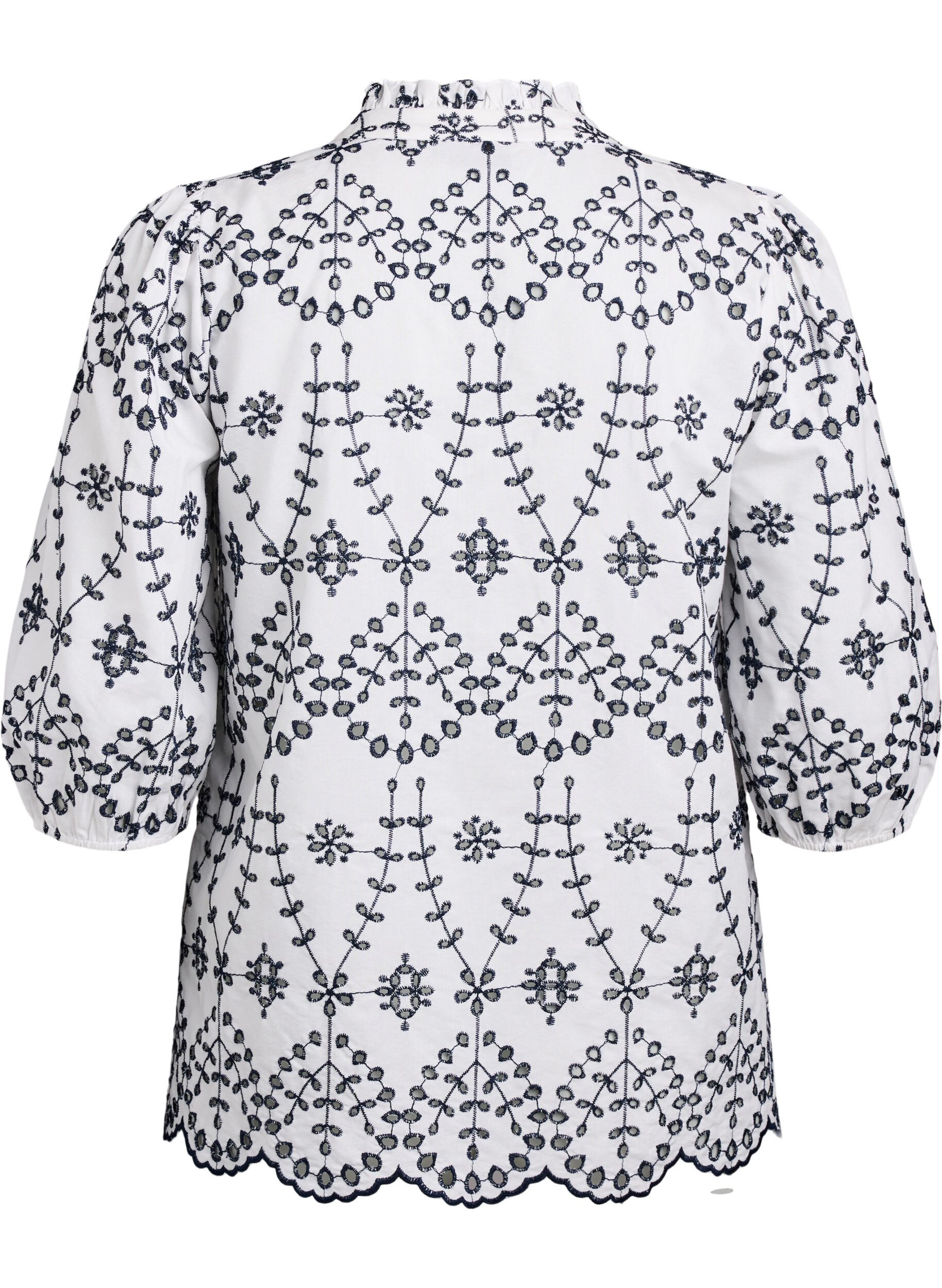 Zizzifashion 3/4 sleeve blouse with contrast broderie anglaise, White, Packshot image number 1