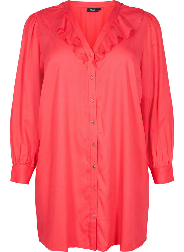 Viscose tunic with ruffle collar, Hibiscus, Packshot image number 0