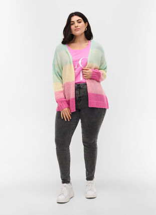 Short knitted cardigan with stripes, Pale Banana Comb, Model image number 2