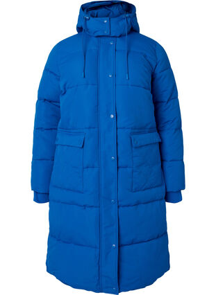 Long puffer jacket with pockets and hood, French Blue, Packshot image number 0