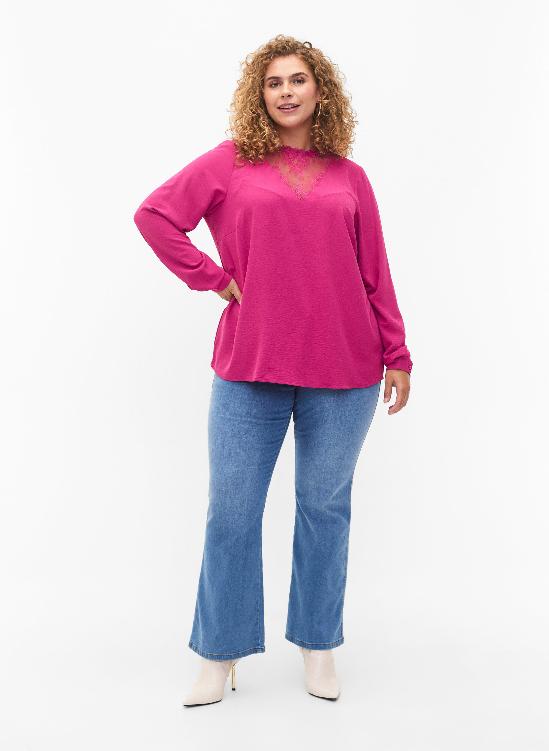 Zizzifashion Long sleeved blouse with lace detail, Festival Fuchsia, Model image number 2