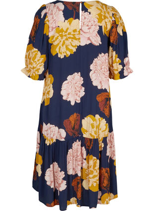 Floral viscose midi dress with A-line cut, Navy Blazer Flower, Packshot image number 1