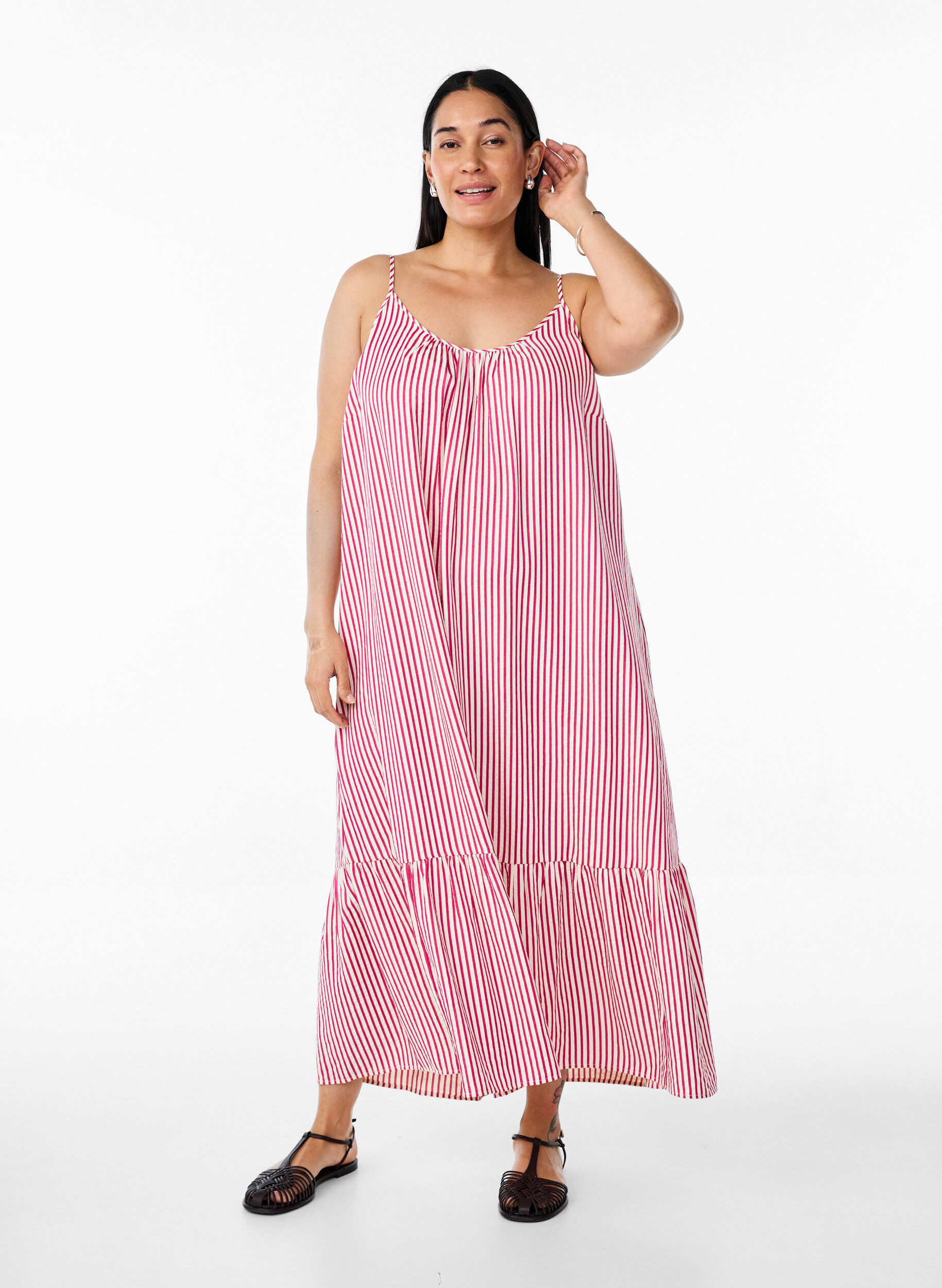 Summer dress with stripes and A-line shape, Pink, Model