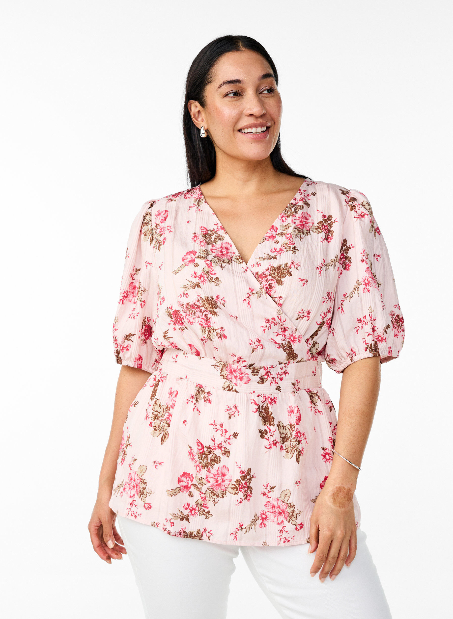 Floral blouse with short sleeves and smocked waist, Pink, Model