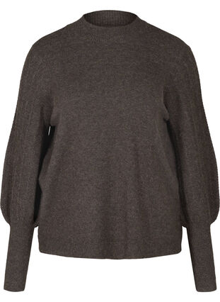 Knitted top with patterned balloon sleeves, Dark Grey Melange, Packshot image number 0