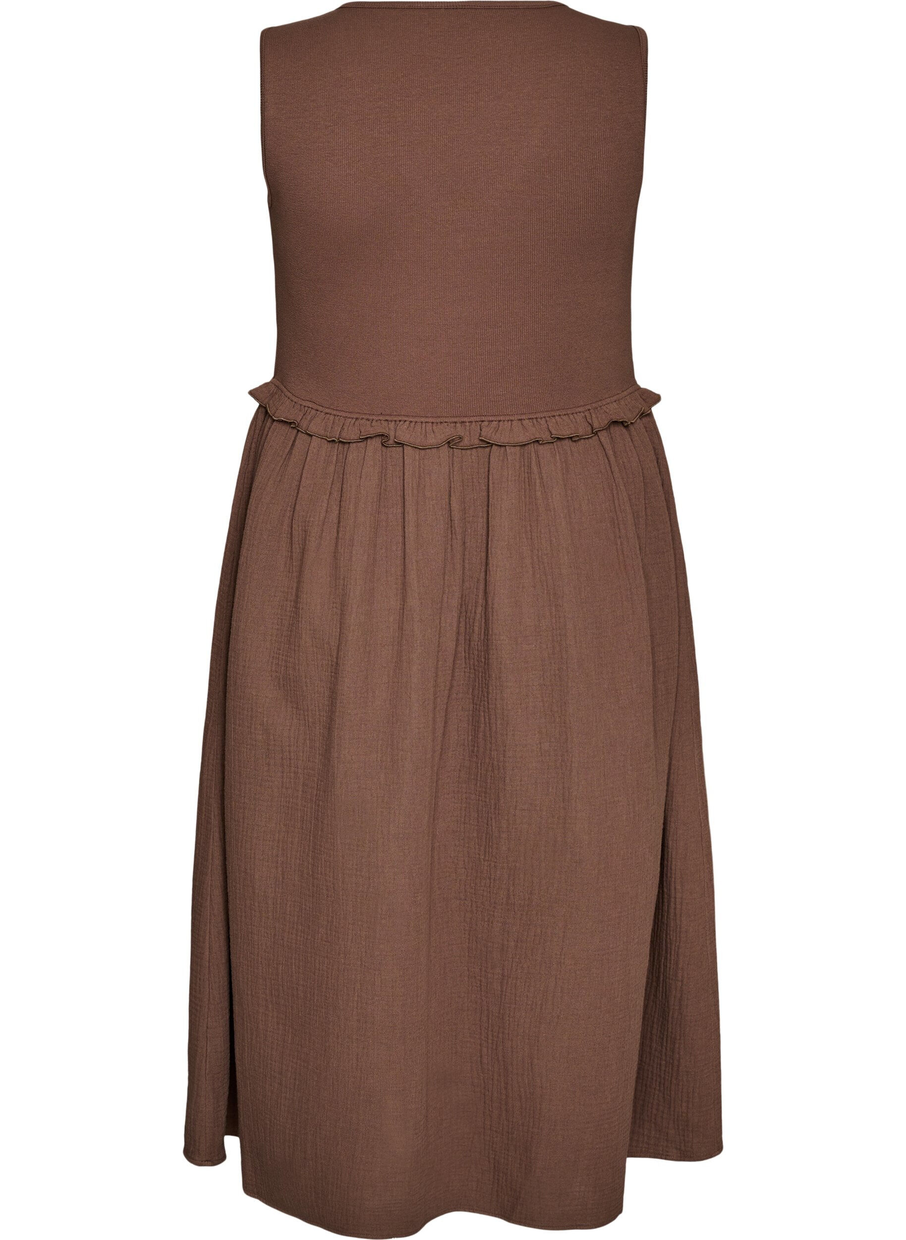 Zizzifashion Sleeveless cotton midi dress with rib and muslin, Brown, Packshot image number 1