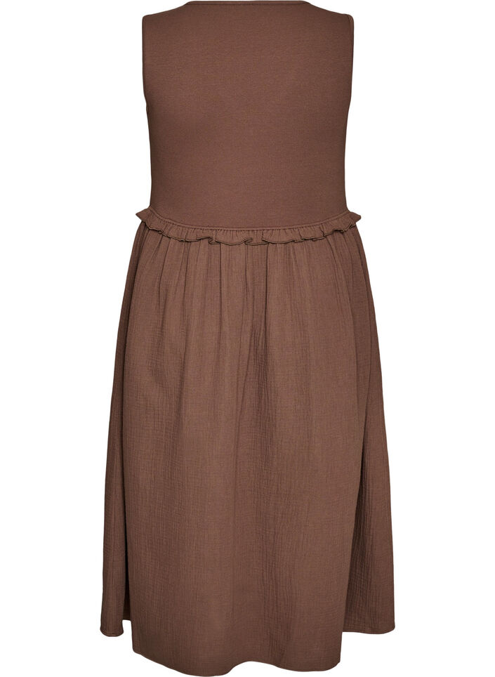 Sleeveless cotton midi dress with rib and muslin, Brown, Packshot image number 1