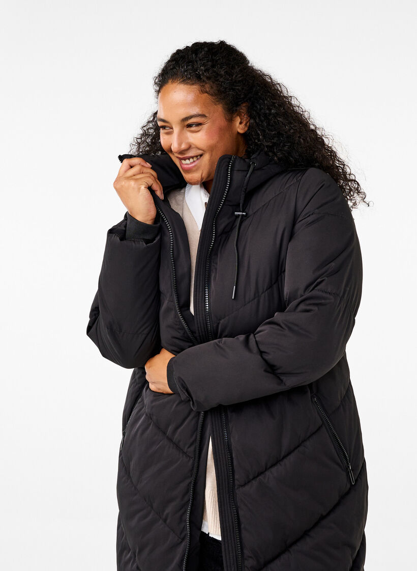Long puffer coat with hood and pockets, Black, Model image number 3