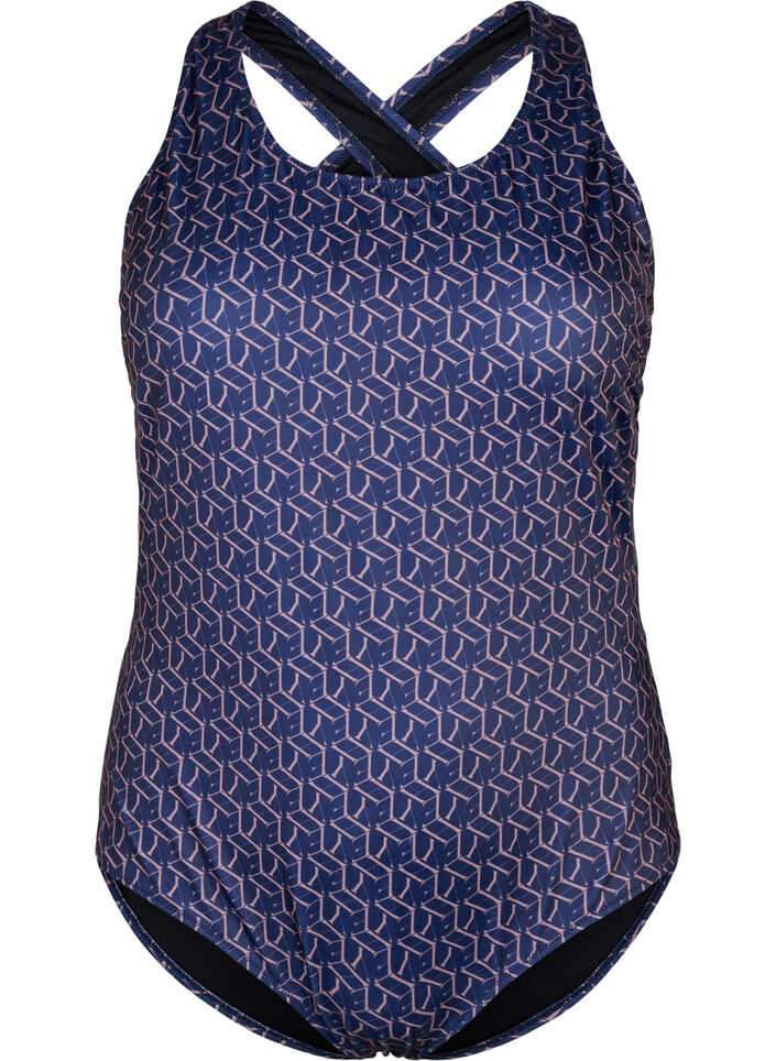 Swimsuit with print and crossed back, Text Print, Packshot image number 0