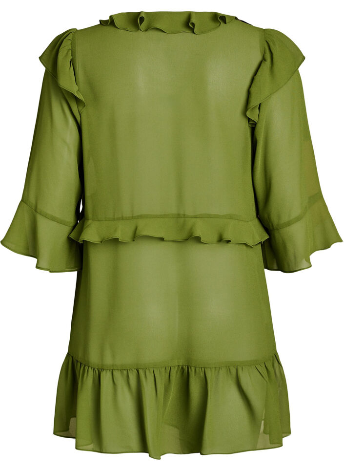 Lightweight dress with ruffles and a V-neck, Green, Packshot image number 1