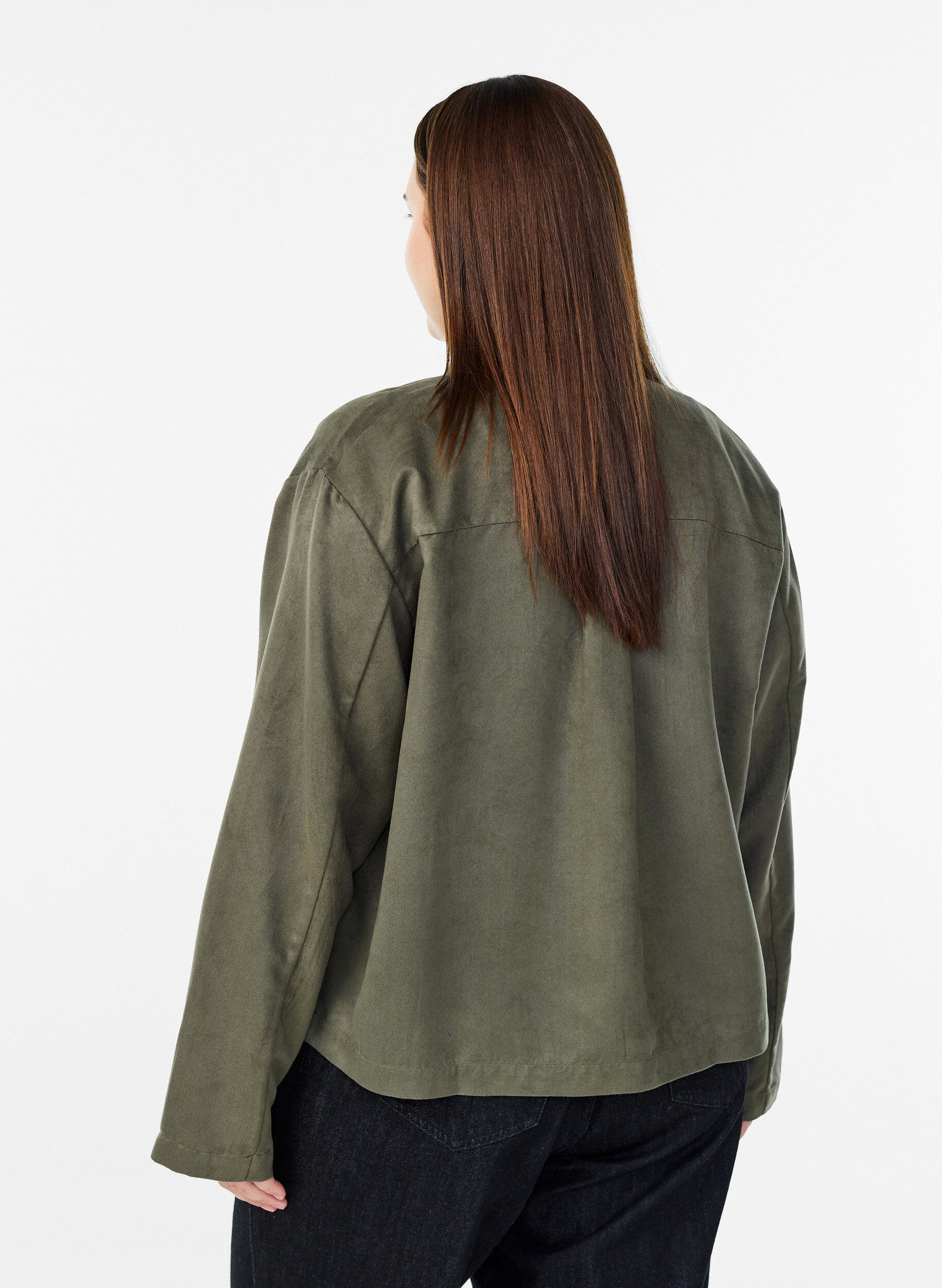 Zizzifashion Short faux suede jacket with pockets, Green, Model image number 2