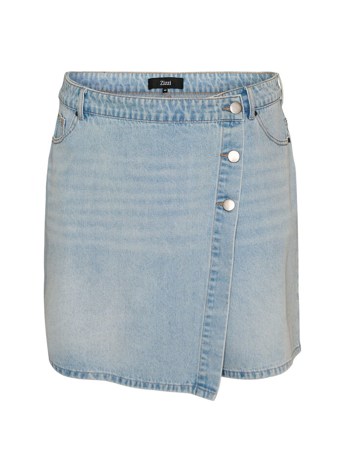 Denim skorts with a wrap-over effect and high waist, Light Blue, Packshot image number 0