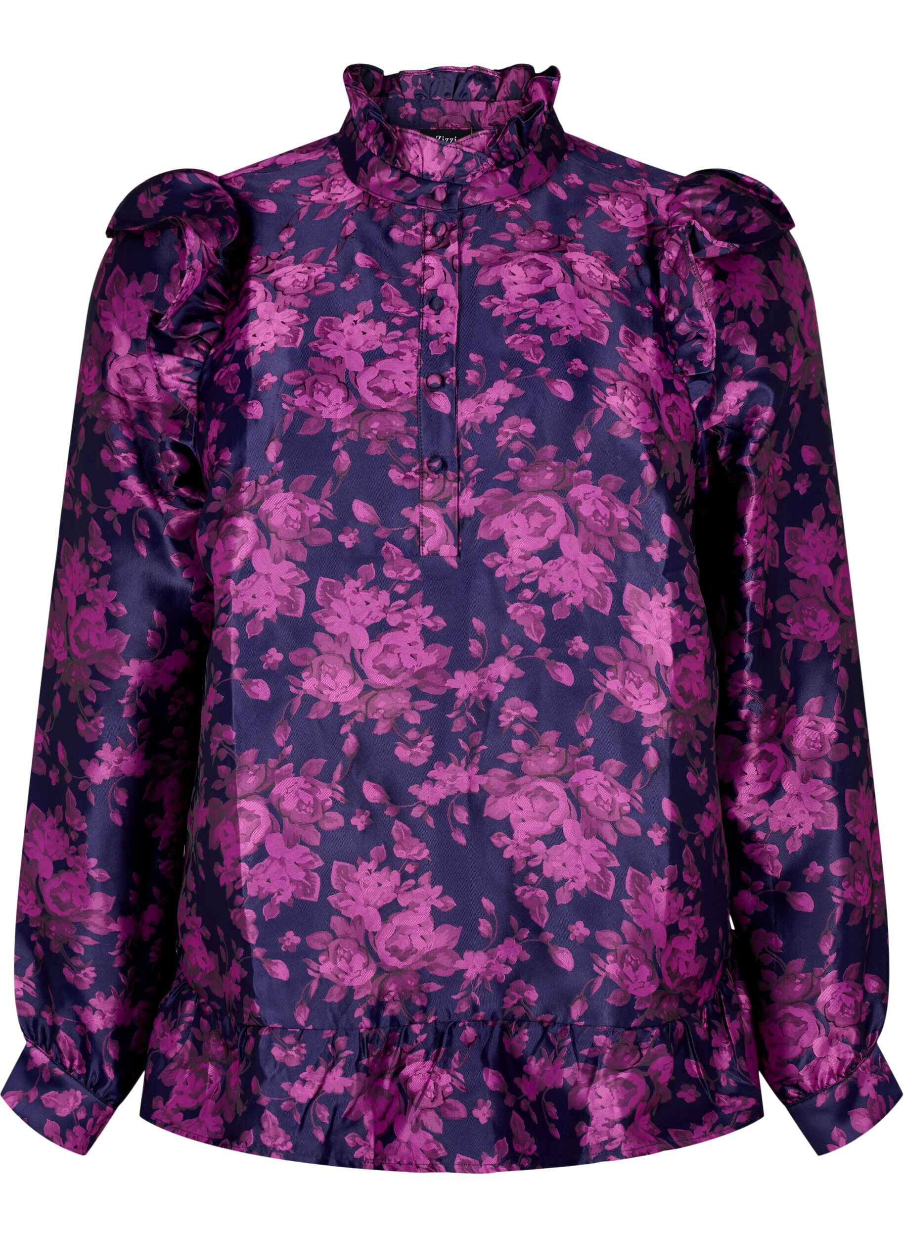 Zizzifashion Floral jacquard blouse with ruffle details, Dark Blue Pink, Packshot image number 0