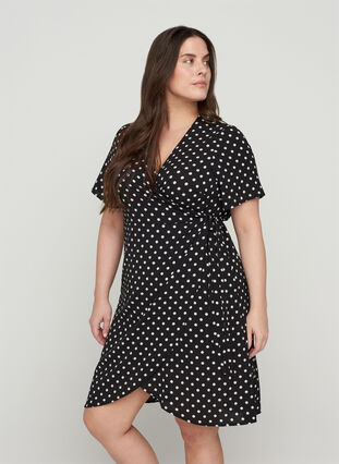 Short-sleeved wrap dress, Black w White Dot, Model image number 0