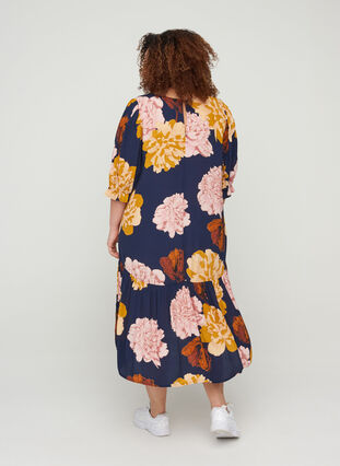 Floral viscose midi dress with A-line cut, Navy Blazer Flower, Model image number 1