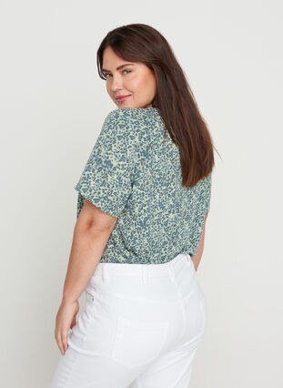 Short-sleeved viscose blouse with print, Light Green Leaf, Model image number 1