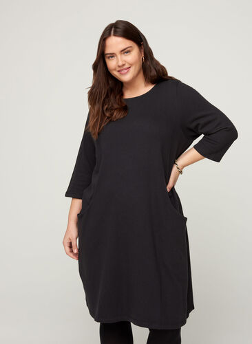 A-line cotton sweater dress with pockets, Black, Model image number 0
