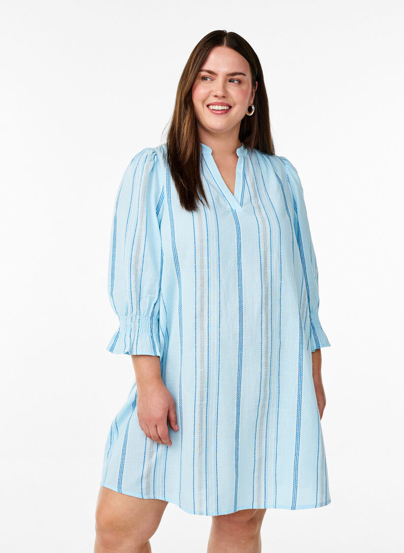 Short cotton dress with striped pattern, Light Blue, Model image number 0