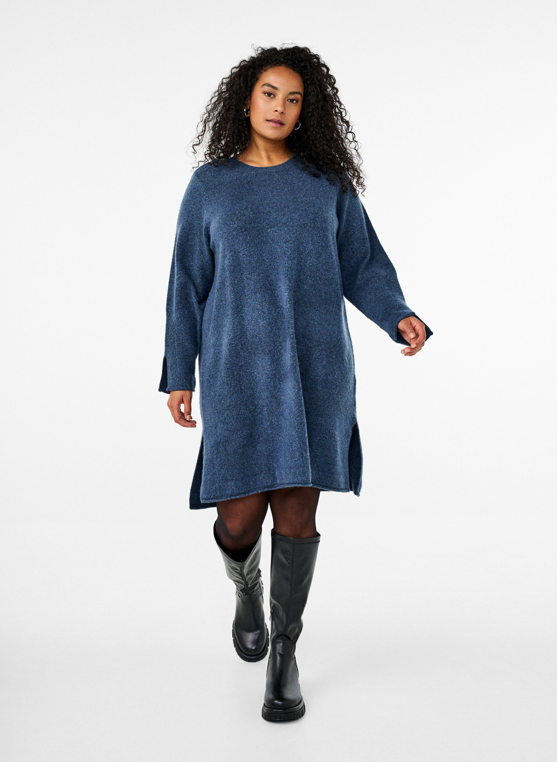 Zizzifashion Knitted dress with slits, Bering Sea Mel., Model image number 2