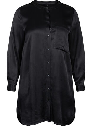 Long shiny shirt with slit, Black, Packshot image number 0