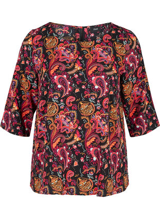 Printed blouse with lace back and 3/4-length sleeves, Navy Blazer/Paisley, Packshot image number 0