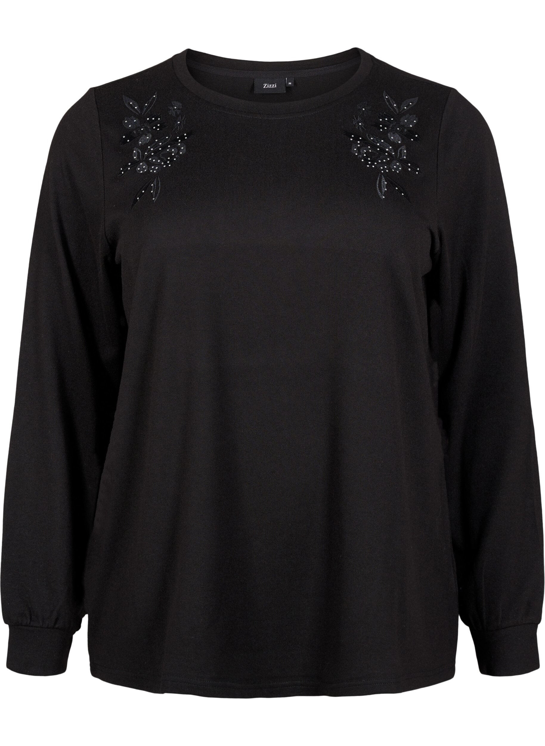 Zizzifashion Blouse with embroidery and rhinestones, Black, Packshot image number 0