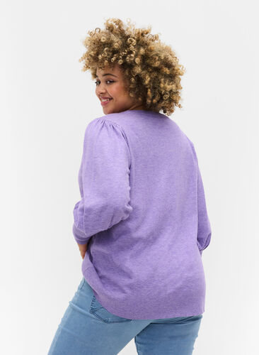 Knitted ribbed sweater with balloon sleeves, Paisley Purple Mel, Model image number 1