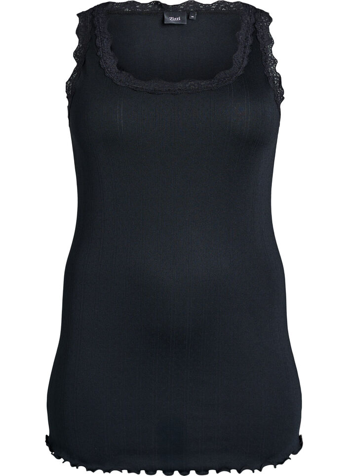 Tank top with lace trim and eyelet embroidery, Black, Packshot image number 0
