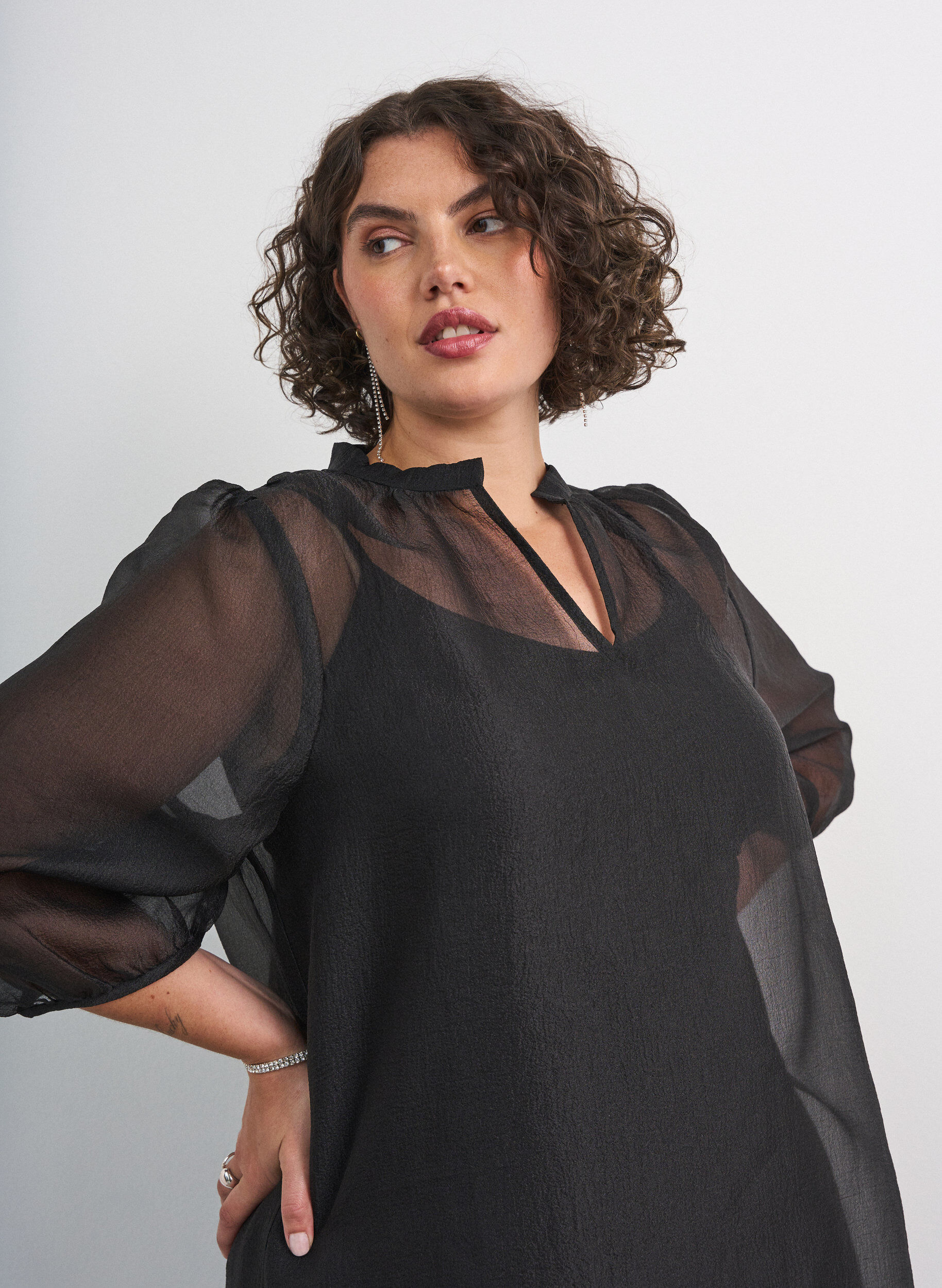 ZizzifashionShort organza dress with ruffle hem, Black, Model image number 3