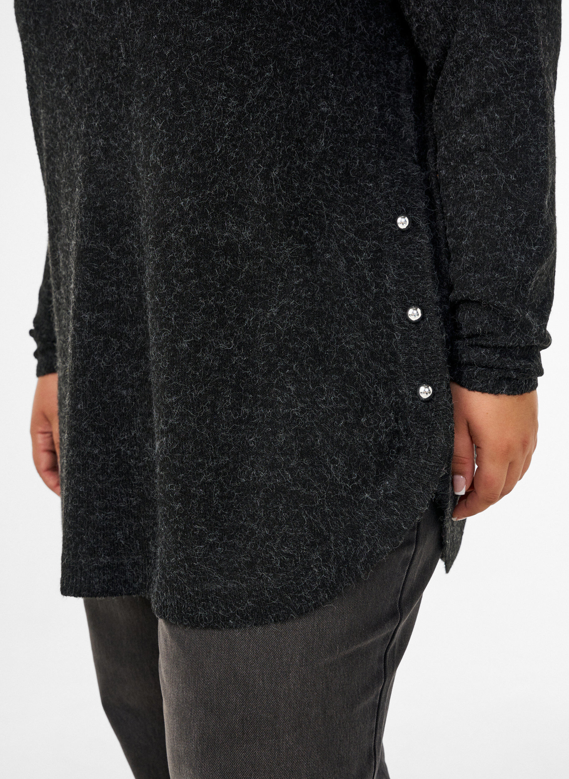 ZizzifashionLong knitted blouse with ball buttons, Dark Grey, Model image number 3