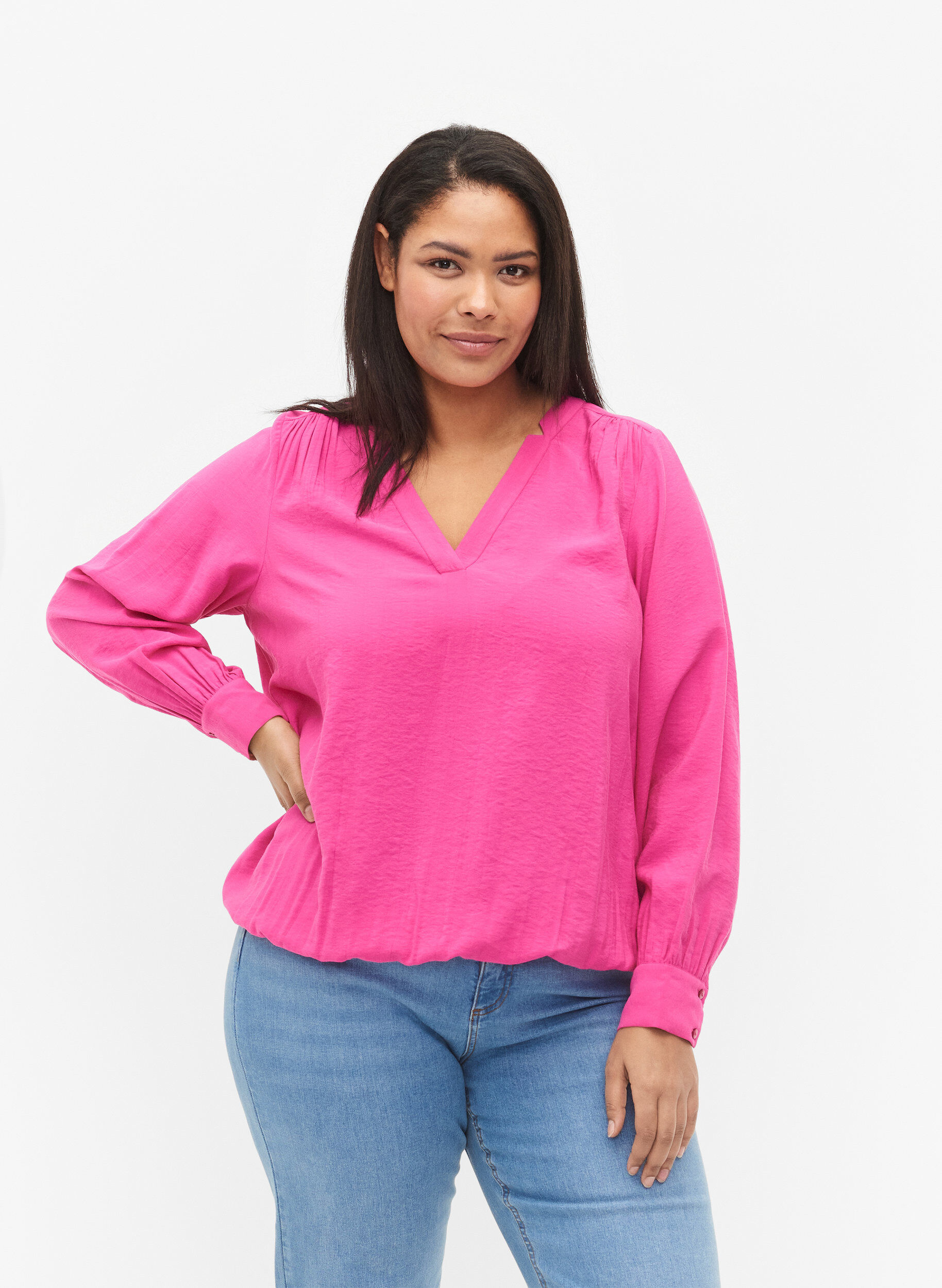 Zizzifashion 	 Viscose blouse with v-neck, Raspberry Rose, Model image number 0