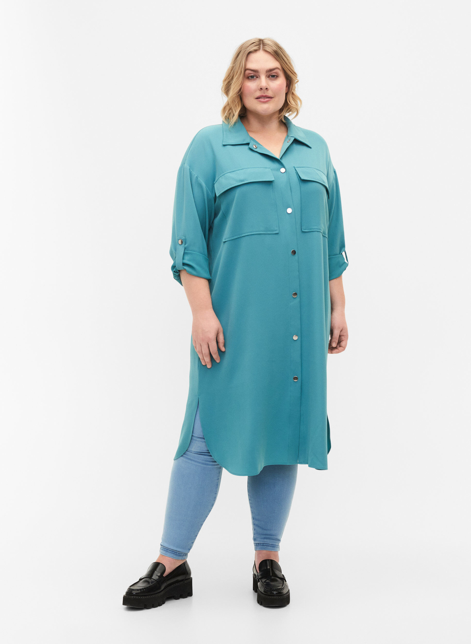 Zizzifashion Long dress jacket with button closure, Brittany Blue, Model image number 2