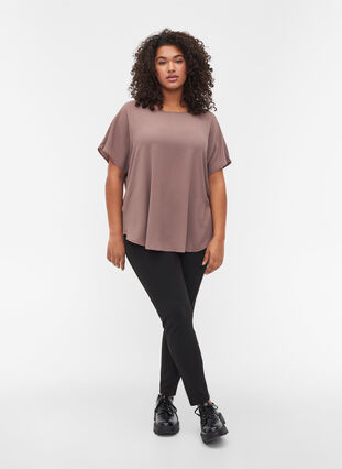 Blouse with short sleeves and a round neckline, Deep Taupe, Model image number 2