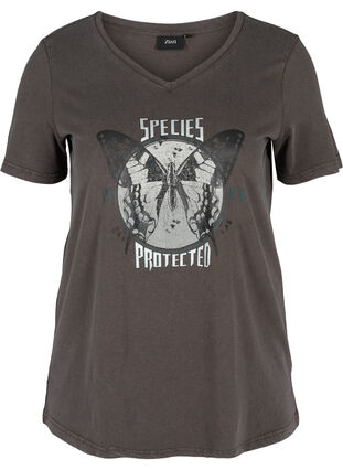 Short sleeve t-shirt with a V-neckline and print, Dark Grey Acid wash, Packshot image number 0