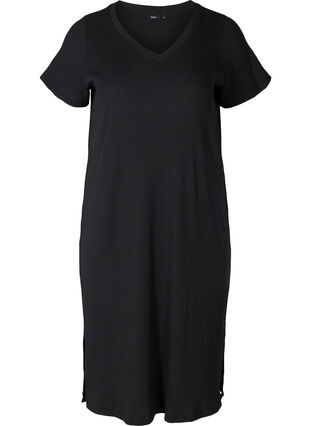 Short-sleeved ribbed dress with slits, Black, Packshot image number 0