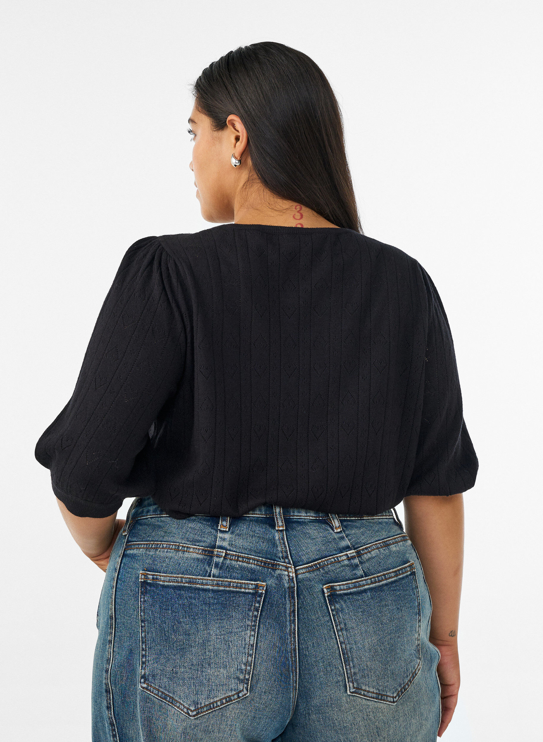 ZizzifashionShort-sleeved knit blouse with a pointelle pattern, Black, Model image number 2