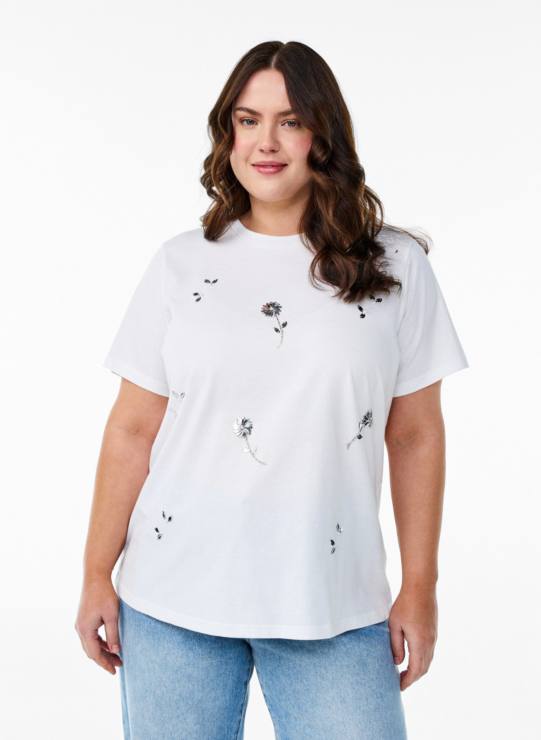 Zizzifashion T-shirt with sequin flowers, White, Model image number 0