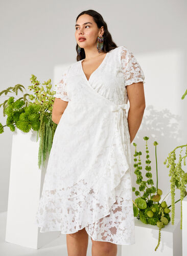 Wrap dress with lace and short sleeves, Bright White, Image image number 0