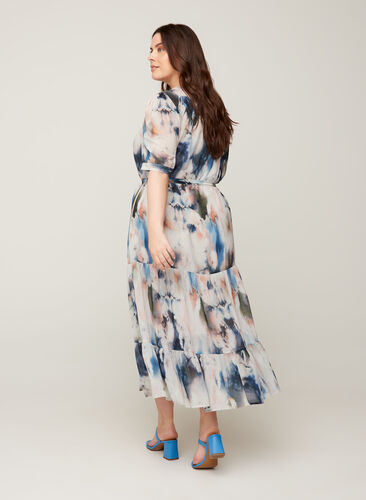 Printed maxi dress with a waist tie, Watercolor AOP, Model image number 1